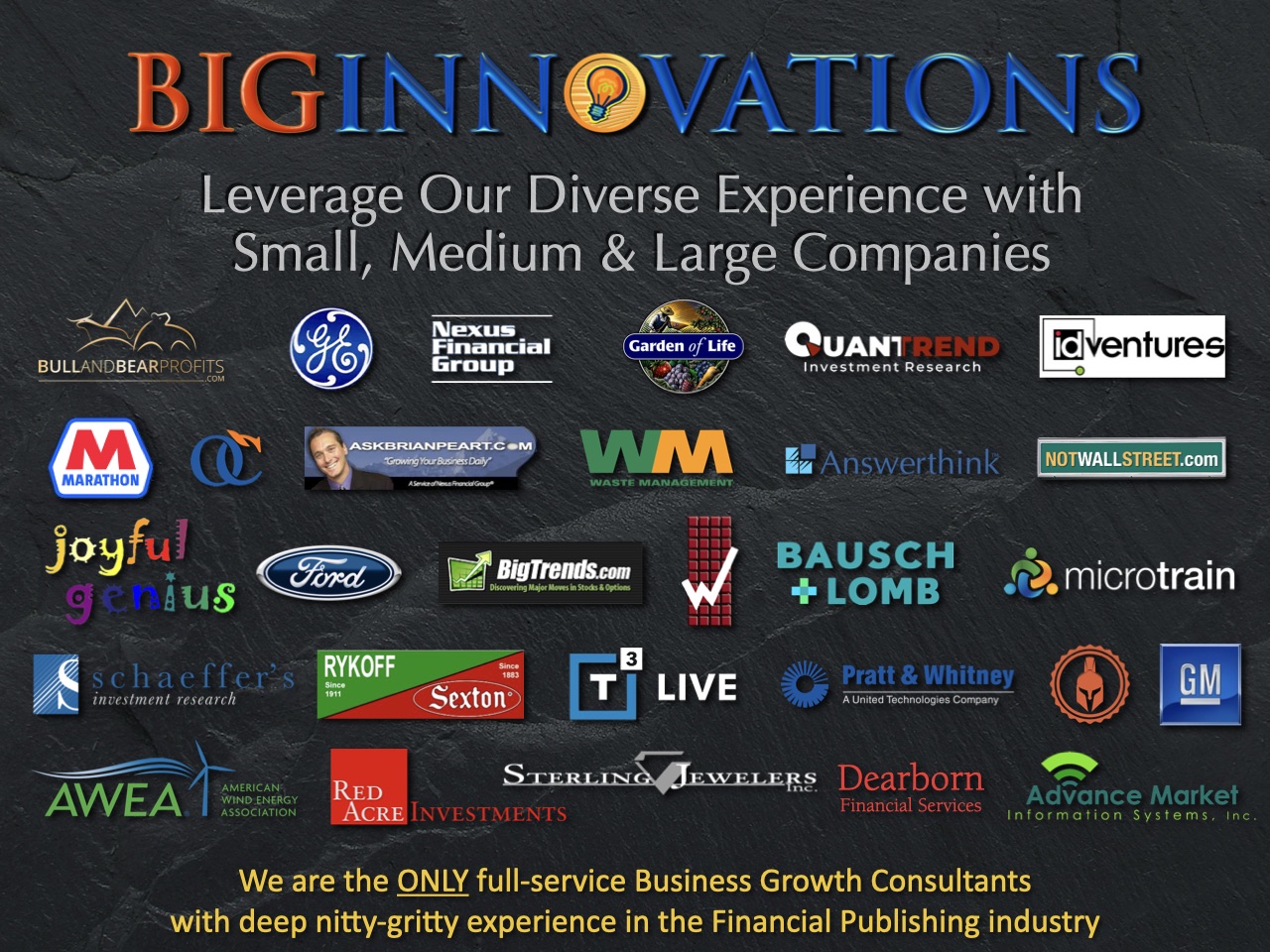 Leverage our diverse experience with very successful financial publishing and related companies